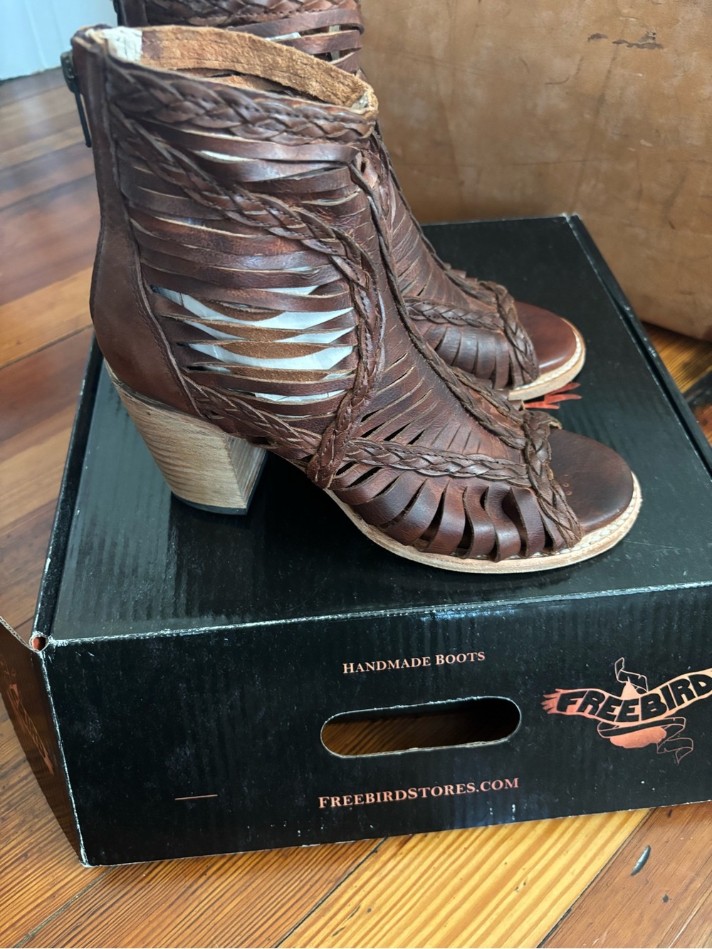 freebird Bela Braided Brown Leather Cutout Heeled Booties